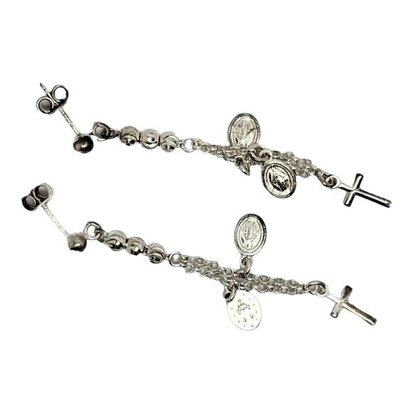 925 Sterling Silver Religious Medal drop dangle beads and chain Earrings - Picture 4 of 4